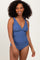 woman wearing a blue scalloped v-neck one-piece swimsuit with a fitted silhouette and subtle ribbed texture