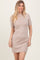 woman wearing a taupe ribbed short sleeve dress with a fitted silhouette and a round neckline