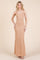 woman wearing a nude sleeveless maxi dress with a fitted silhouette and a scoop neckline