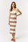 woman wearing a striped midi dress with knitted texture in beige and brown colors, featuring tie straps and a fitted silhouette
