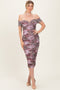 Mauve Floral Animal Print Off Shoulder Midi Dress