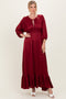 Burgundy Solid Satin Long Sleeve Open V-Neck Ruffle Waist Tiered Maxi Dress