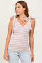 Mocha/Off White Striped Ribbed V-Neck Shoulder Tie Sleeveless Top
