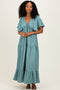 Sage Textured Flutter Sleeve V-Neck Tiered Maxi Dress