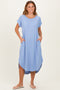 Blue Ribbed Curved Hem Midi Dress