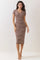 woman wearing a striped midi dress with short sleeves and a v-neckline
