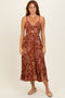 Brown V Neck Twist Front Cut Out Side Ruffle Slit Midi Dress