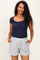 woman wearing a navy blue ribbed maternity top and gray elastic waist shorts with pockets