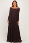 Brown Floral Lace Long Sleeve Off Shoulder Maxi Dress