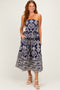 Navy Damask Strapless Midi Dress