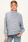 woman wearing a striped maternity top with a funnel neck and relaxed fit