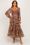 Coffee Paisley Smocked Long Sleeve Midi Dress