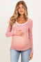 Coral Striped Long Sleeve Scoop Neck Maternity Top