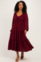Burgundy Tiered Long Sleeve V-Neck Maxi Dress