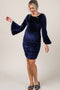 Navy Blue Velvet Ruched Bell Sleeve Maternity Dress