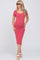 blonde woman wearing a pink short sleeve maternity midi dress and sunglasses against a white background