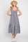 Navy Blue Checkered Linen Sweetheart Neck Ruffle Strap Midi Dress