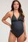 woman wearing a dark gray maternity swimsuit with a deep v-neck and gathered fabric at the belly, showing a baby bump