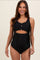 woman wearing a black scallop edge maternity swimsuit with a cut-out and button detail, showing her baby bump