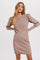 woman wearing a taupe ribbed long sleeve dress with puff sleeves and a fitted silhouette