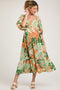 Orange Leaf Print Puff Sleeve Smocked Maternity Midi Dress