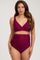 woman wearing a burgundy maternity bikini top with a wrap design and high-waisted bottom
