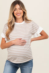 Taupe Striped Ruffle Sleeve Maternity Top