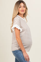 Taupe Striped Ruffle Sleeve Maternity Top