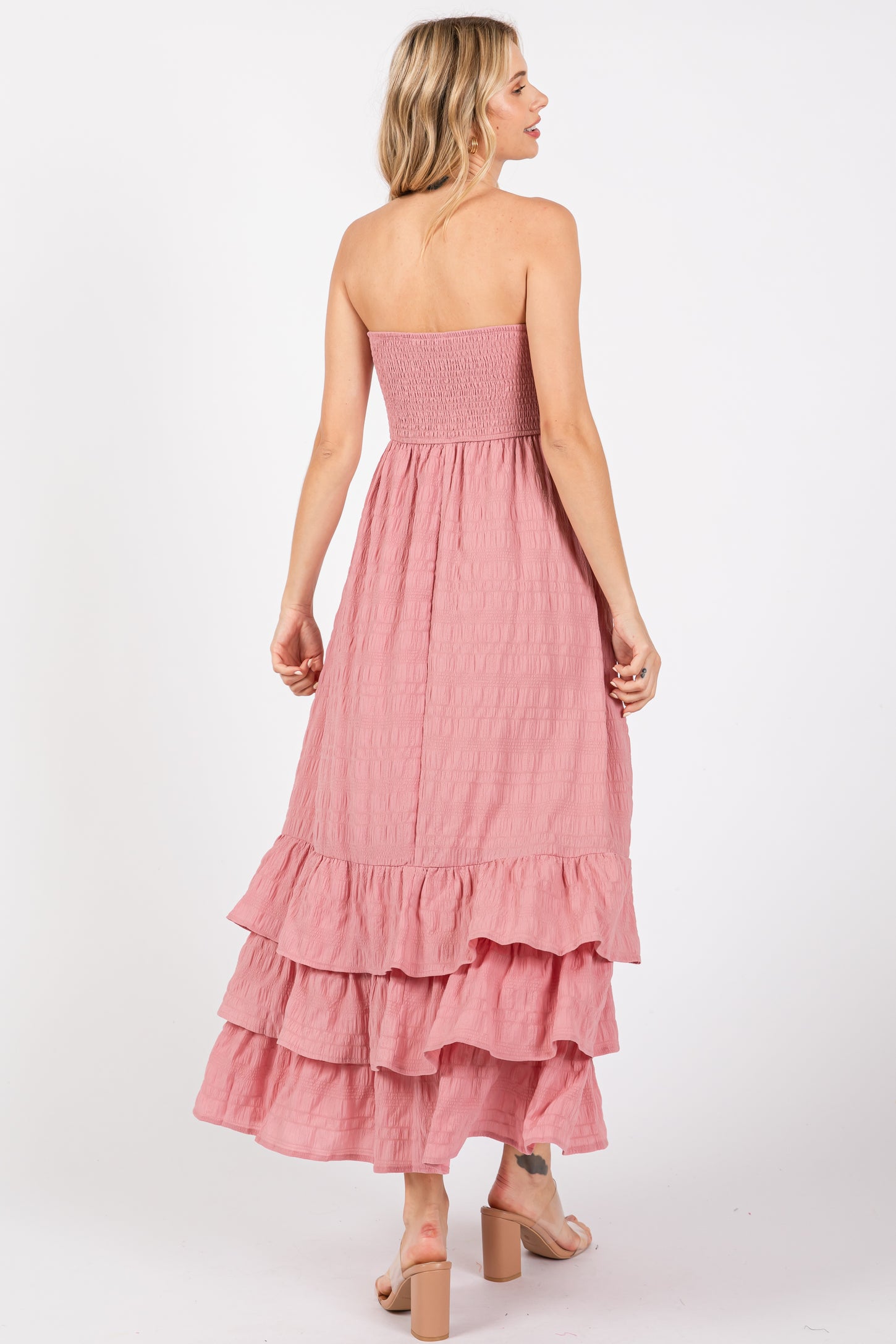 Mauve Smocked Ruffle Hem Tube Maxi Dress