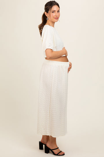 Cream Waffle Texture Crop Top and Skirt Maternity Set