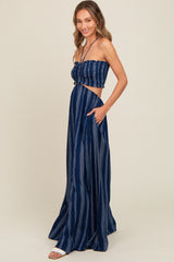 Navy Striped Cutout Halter Wide Leg Jumpsuit