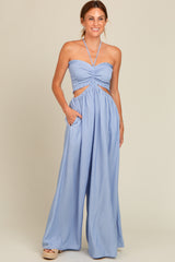 Light Blue Smocked Drawstring Halter Side Cutout Jumpsuit