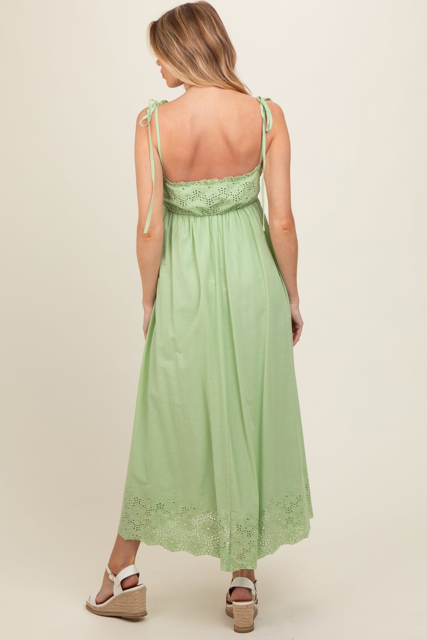 Mint Green Eyelet Floral Shoulder Tie Maternity Dress