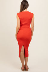 Orange Ribbed Cap Sleeve Maternity Midi Dress