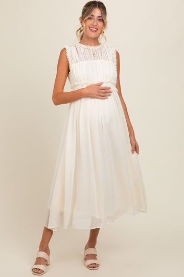 Cream Chiffon Ruched Lettuce Edge Ruffle Maternity Midi Dress