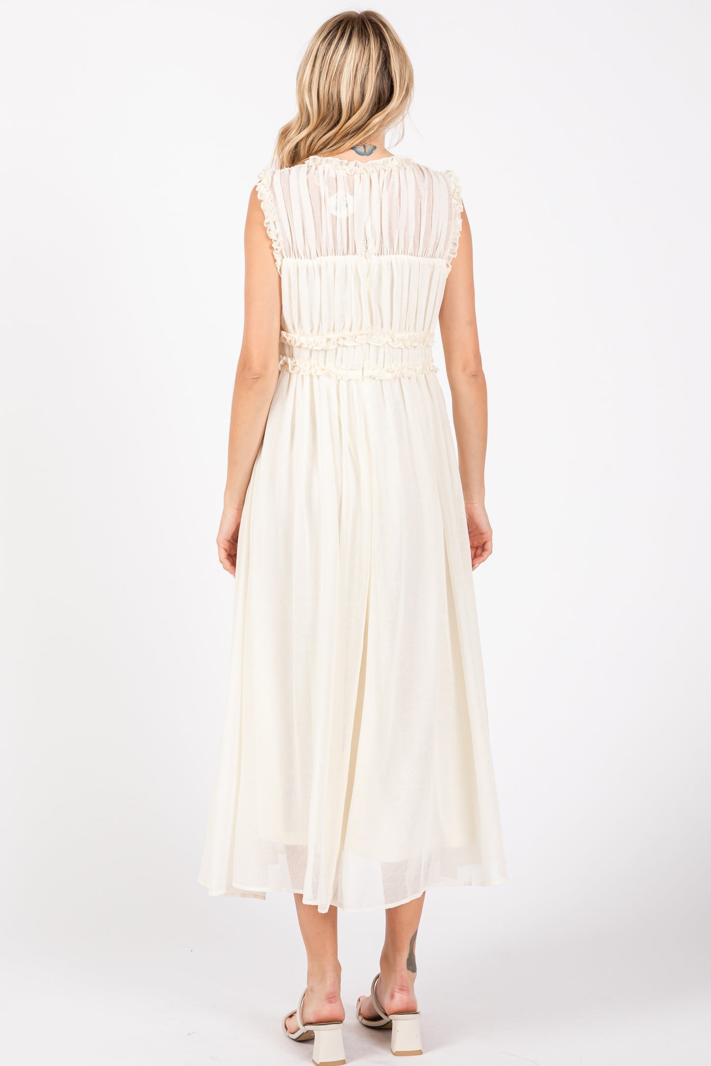 Cream Chiffon Ruched Lettuce Edge Ruffle Midi Dress