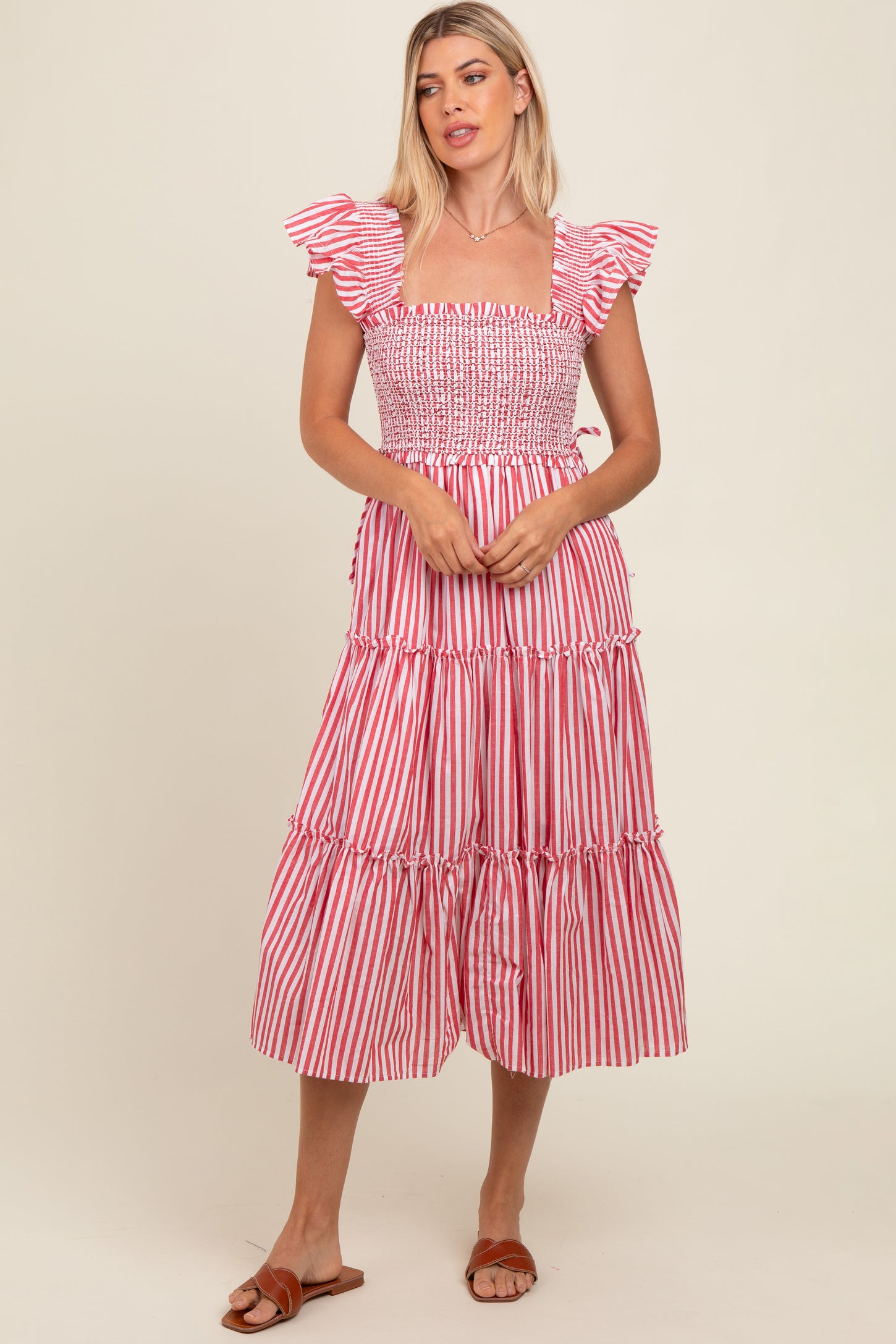 Red Striped Smocked Ruffle Tiered Midi Dress