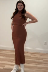Brown Cowl Neck Ruched Sleeveless Maternity Midi Dress