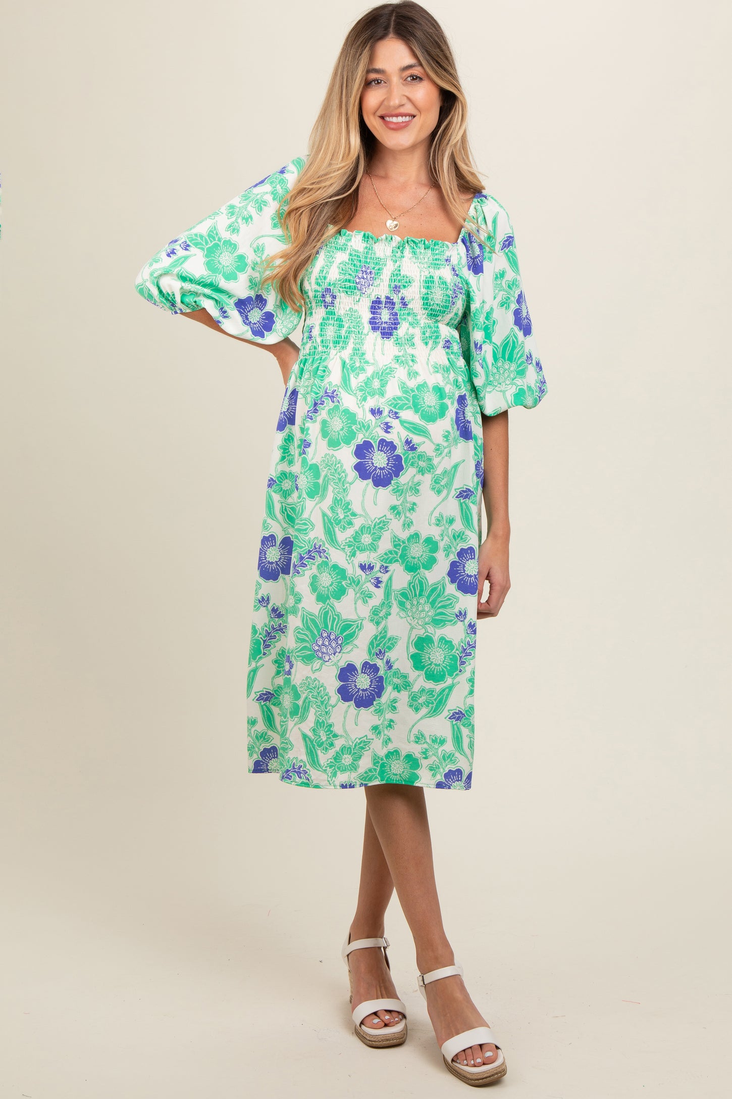 Green Floral Smocked Square Neck Maternity Midi Dress