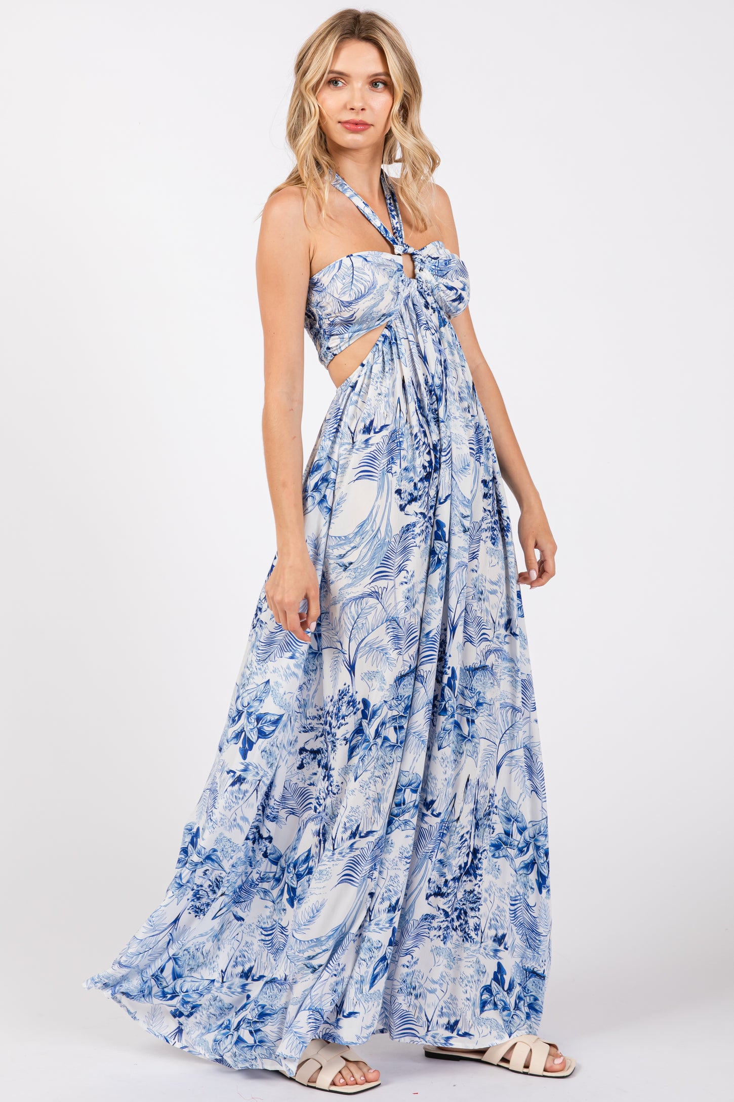Blue Sweetheart Neck Halter Cut Out Back Maxi Dress