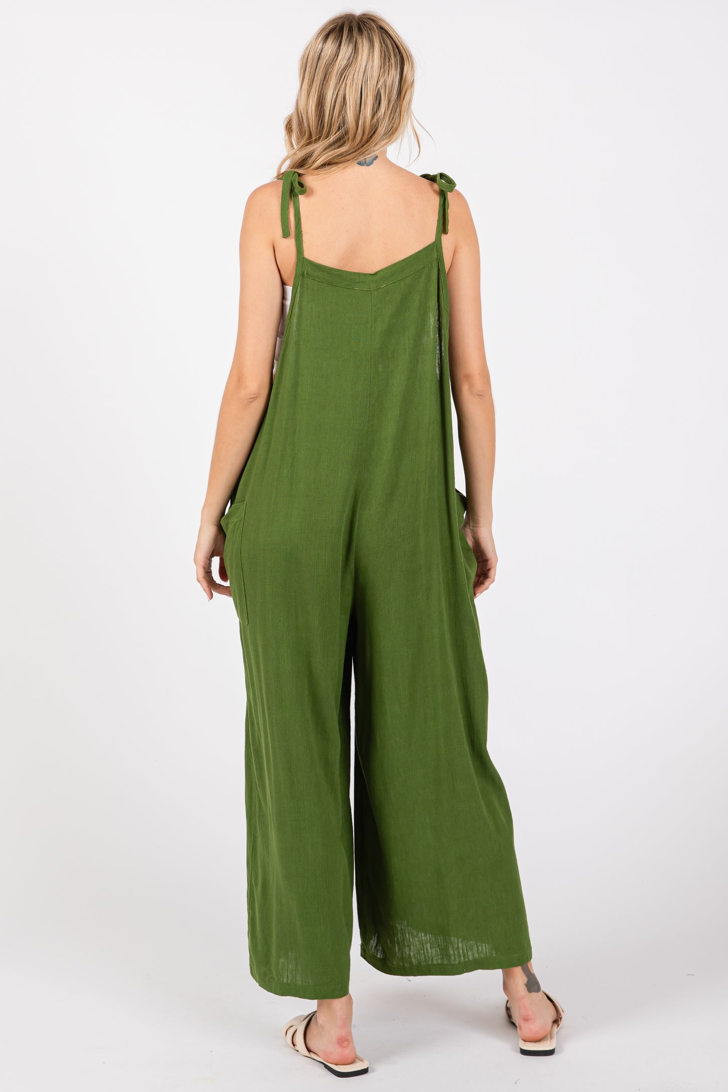 Green Linen Shoulder Tie Jumpsuit