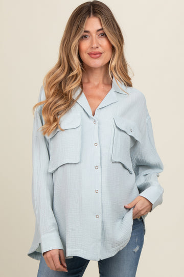 Light Blue Cotton Gauze Button Down Maternity Shirt