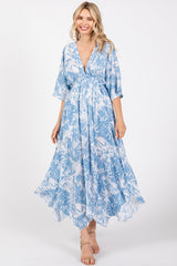 Blue Printed V-Neck Draped Maxi Dress