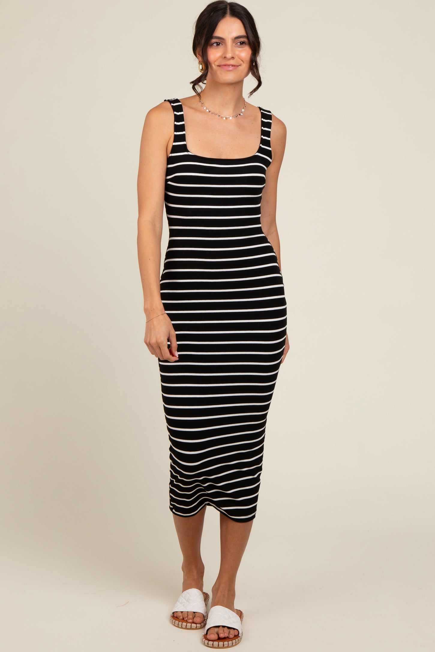 Black Striped Fitted Square Neck Midi Dress