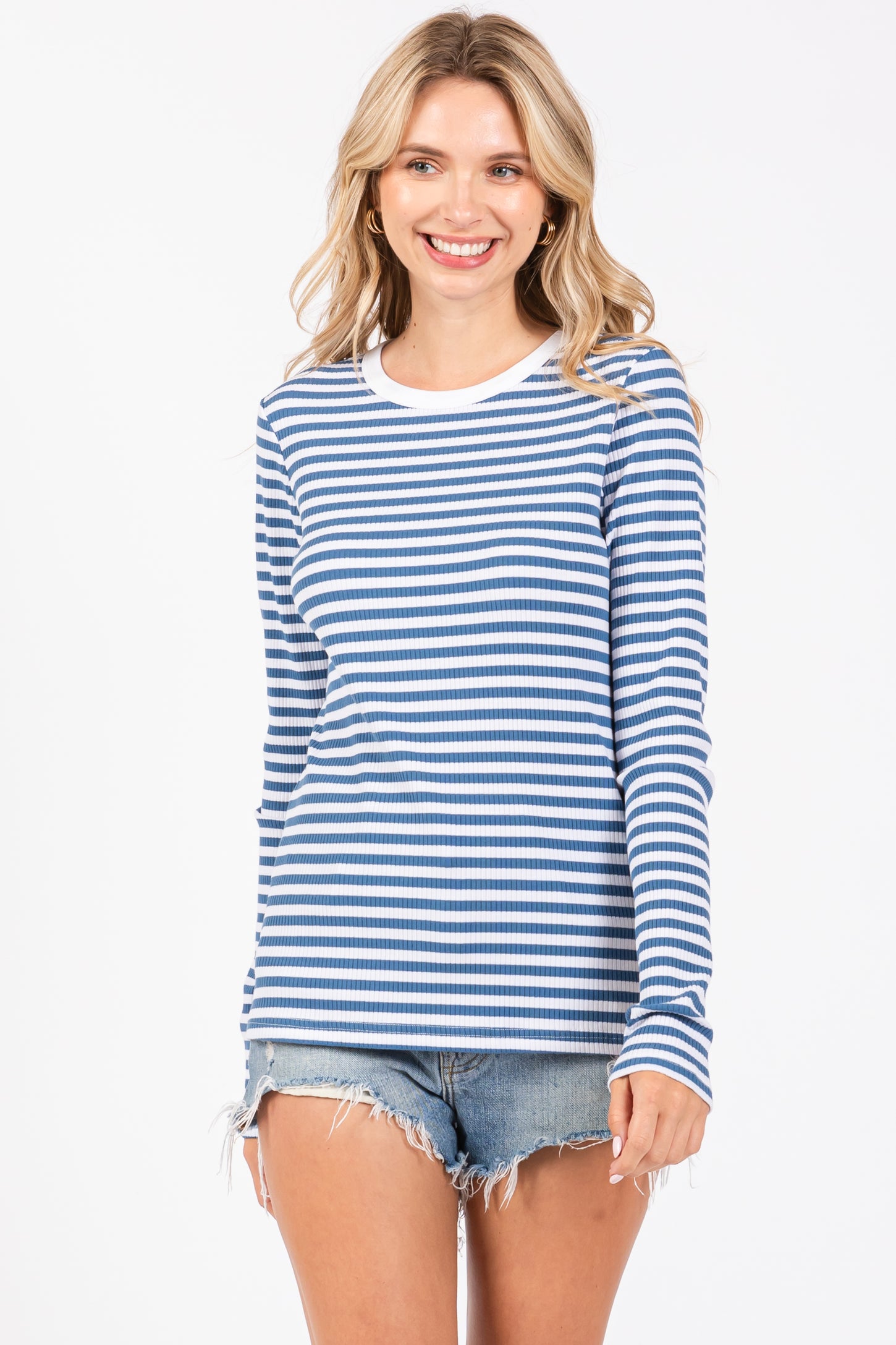 Blue Striped Long Sleeve Ribbed Top