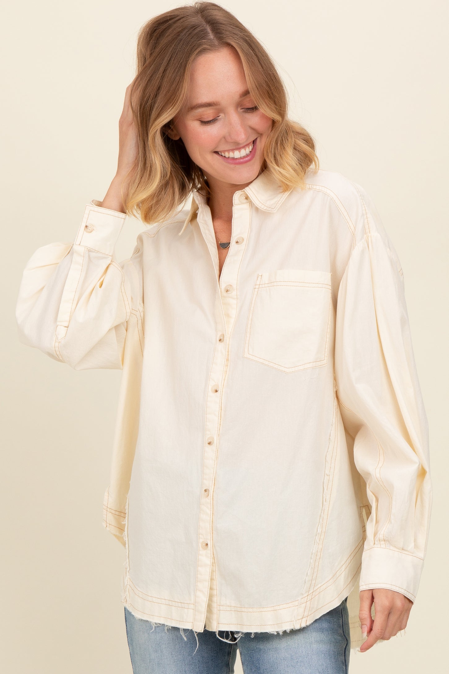 Cream Contrast Stitch Button Up Collared Long Sleeve Maternity Top