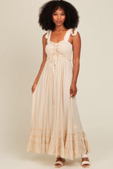 Beige Sweetheart Neck Smocked Shoulder Tie Maxi Dress