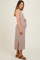 Mocha Striped Sleeveless Maternity Midi Dress