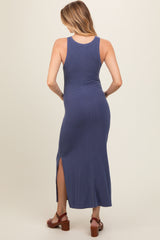 Blue Ribbed Knit Side Slit Sleeveless Maternity Dress