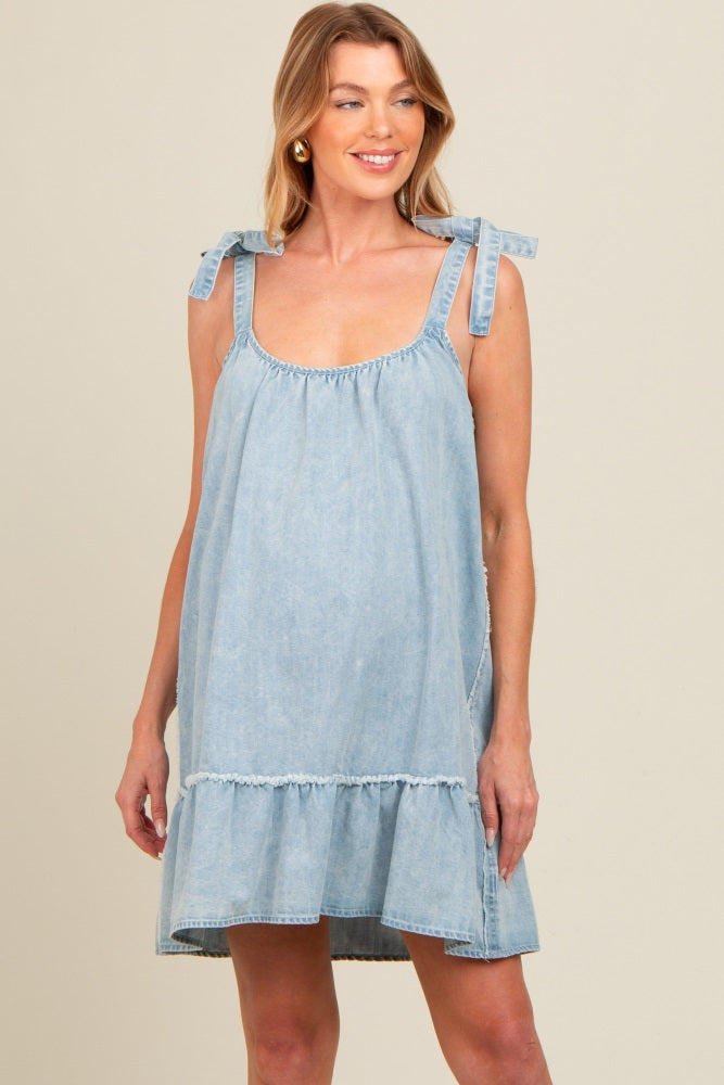 Light Blue Ruffle Hem Shoulder Tie Maternity Dress